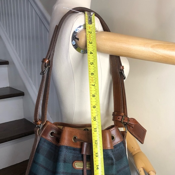 RALPH LAUREN Black Watch Plaid LRG Leather Canvas Drawstring Bucket Shoulder Bag - Picture 14 of 17